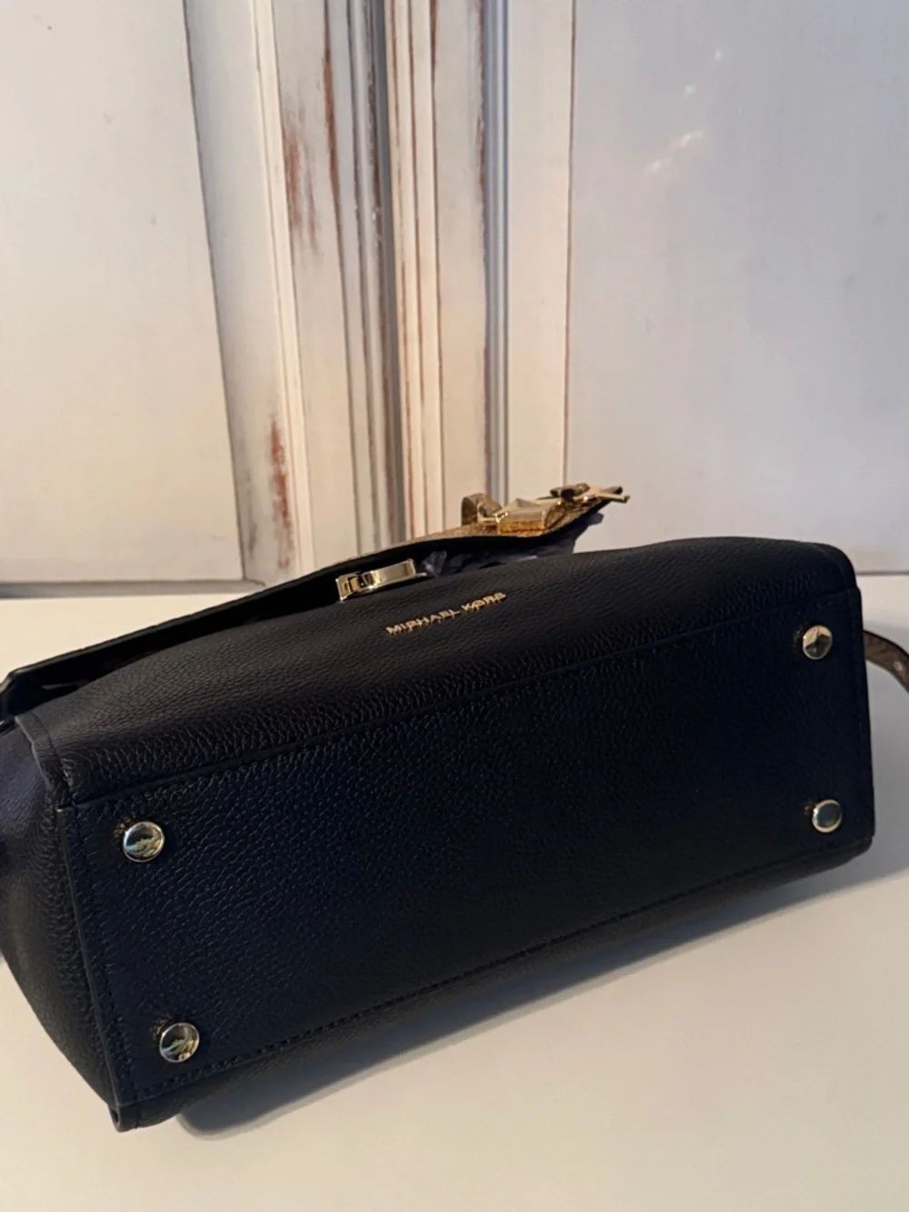 Michael Kors Bristol Black Metallic Gold Snake Embossed Leather Purse Bag - Picture 4 of 10